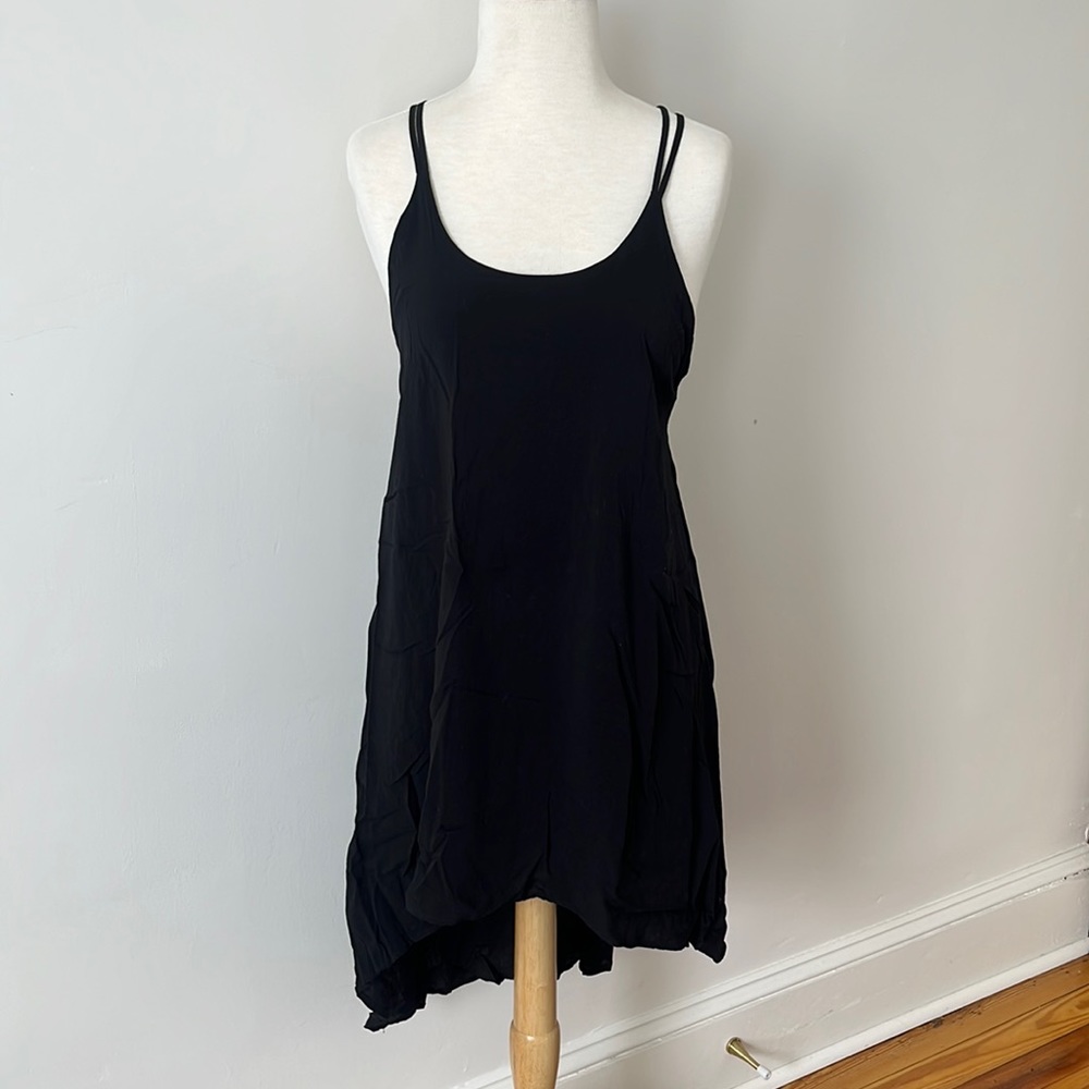 Asymmetrical black flowy high low dress with cross back straps